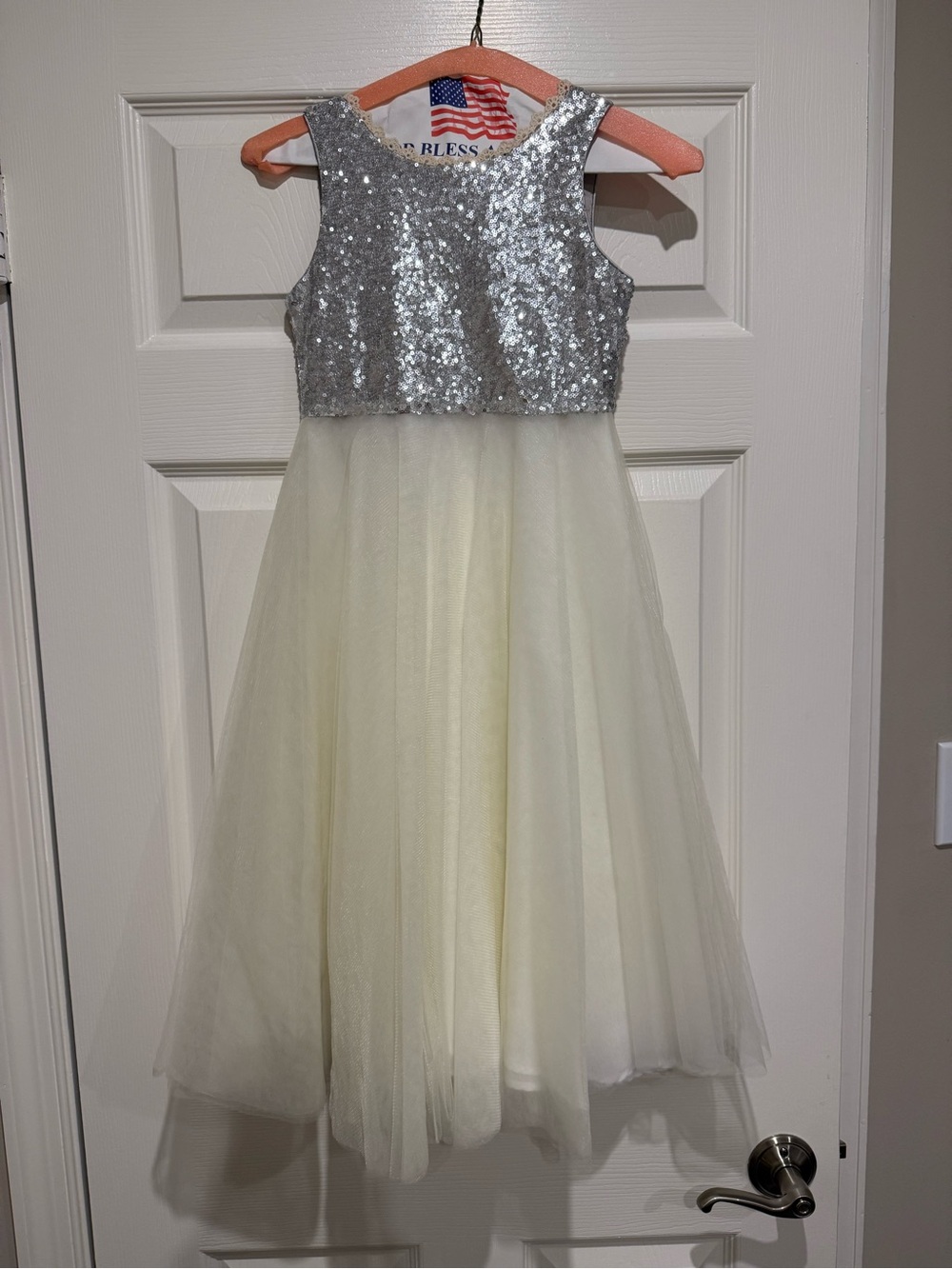 Girls Silver Sequin & Cream Tulle Flower Girl Dress